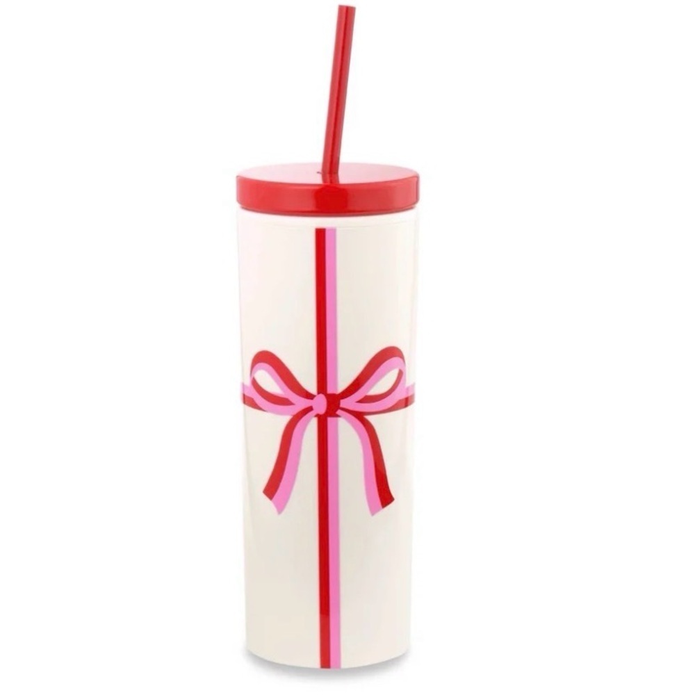 🎀 Kate Spade Red and Pink Ribbon Bow Tumbler with Straw NEW Giftable - Picture 1 of 7